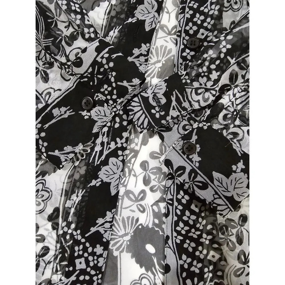 Notations Women's black white floral semi-sheer button-down Blouse- large - Picture 7 of 8